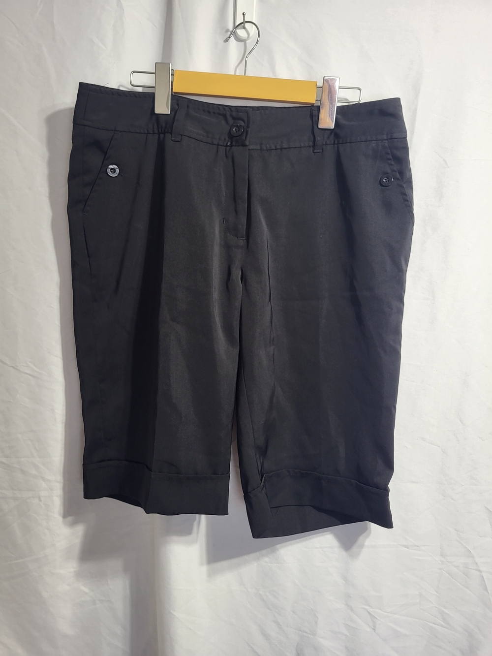 Black High-Rise Tailored Shorts with Button, Size 10